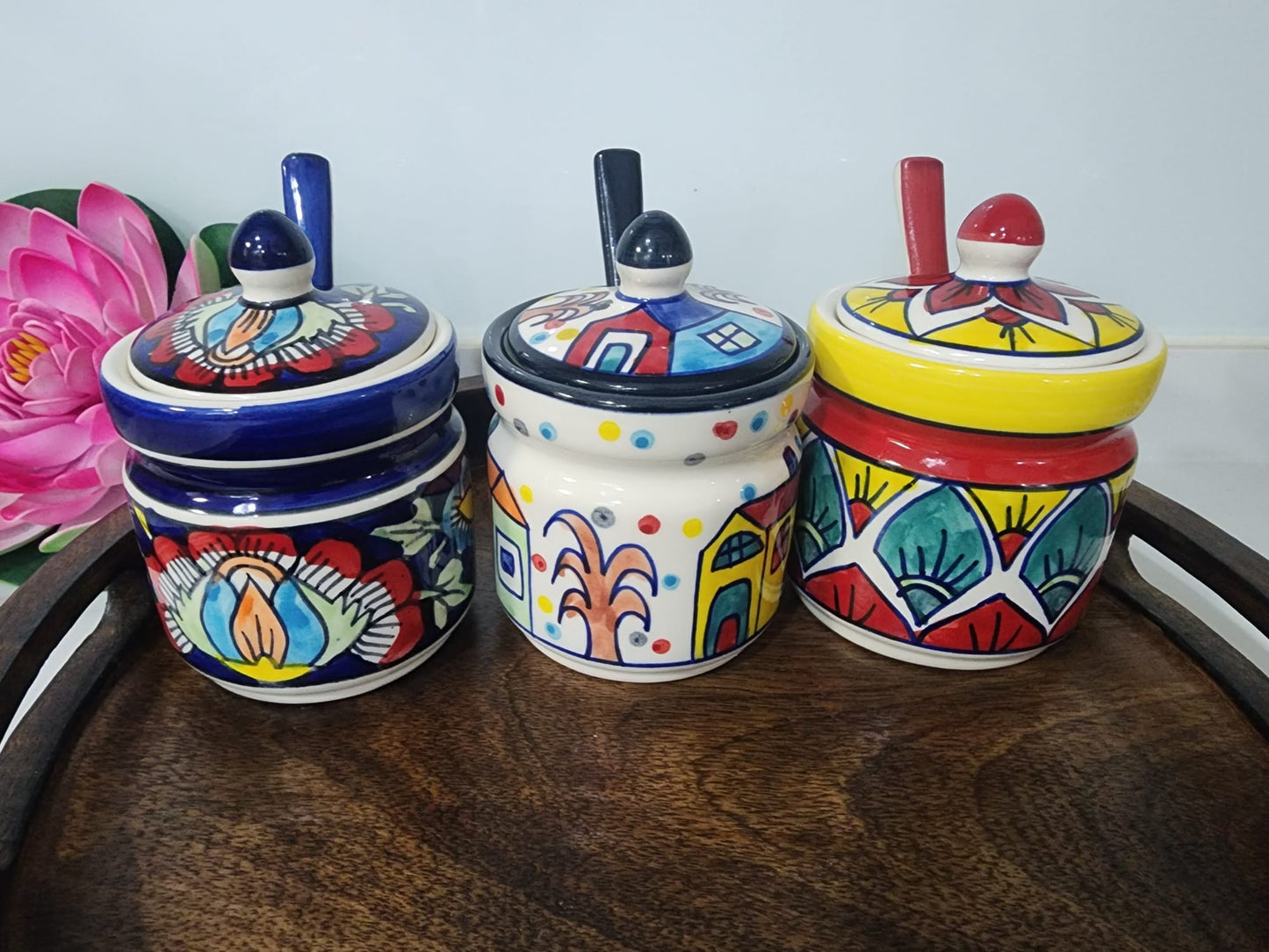 Hand-Painted Ceramic Condiment Jars With Lid & Matching Spoon
