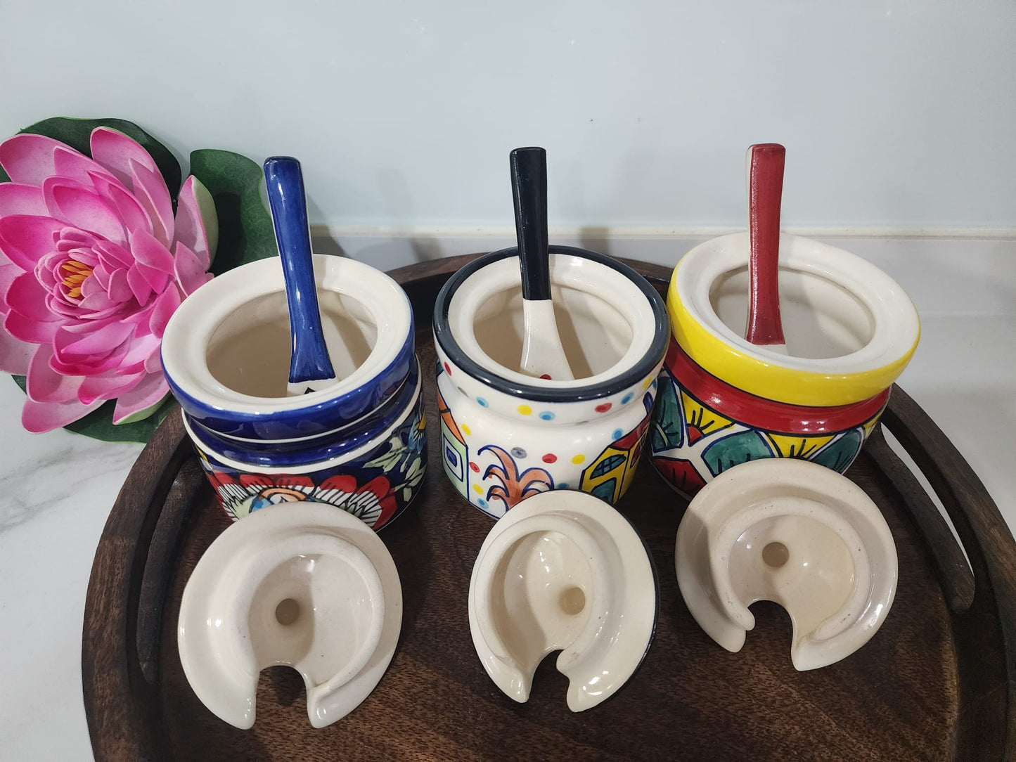 Hand-Painted Ceramic Condiment Jars With Lid & Matching Spoon