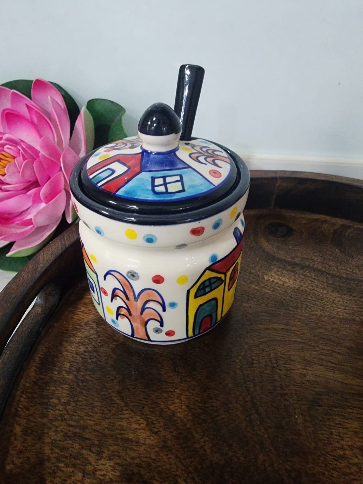 Hand-Painted Ceramic Condiment Jars With Lid & Matching Spoon