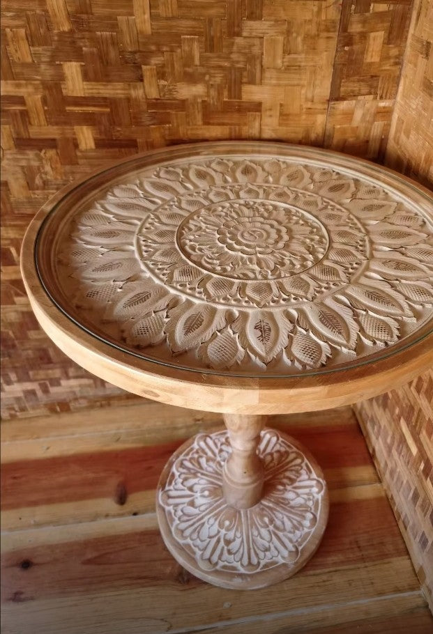 French Vintage Distressed Round Side Table – Carved Pine Wood Accent Table with Tempered Glass